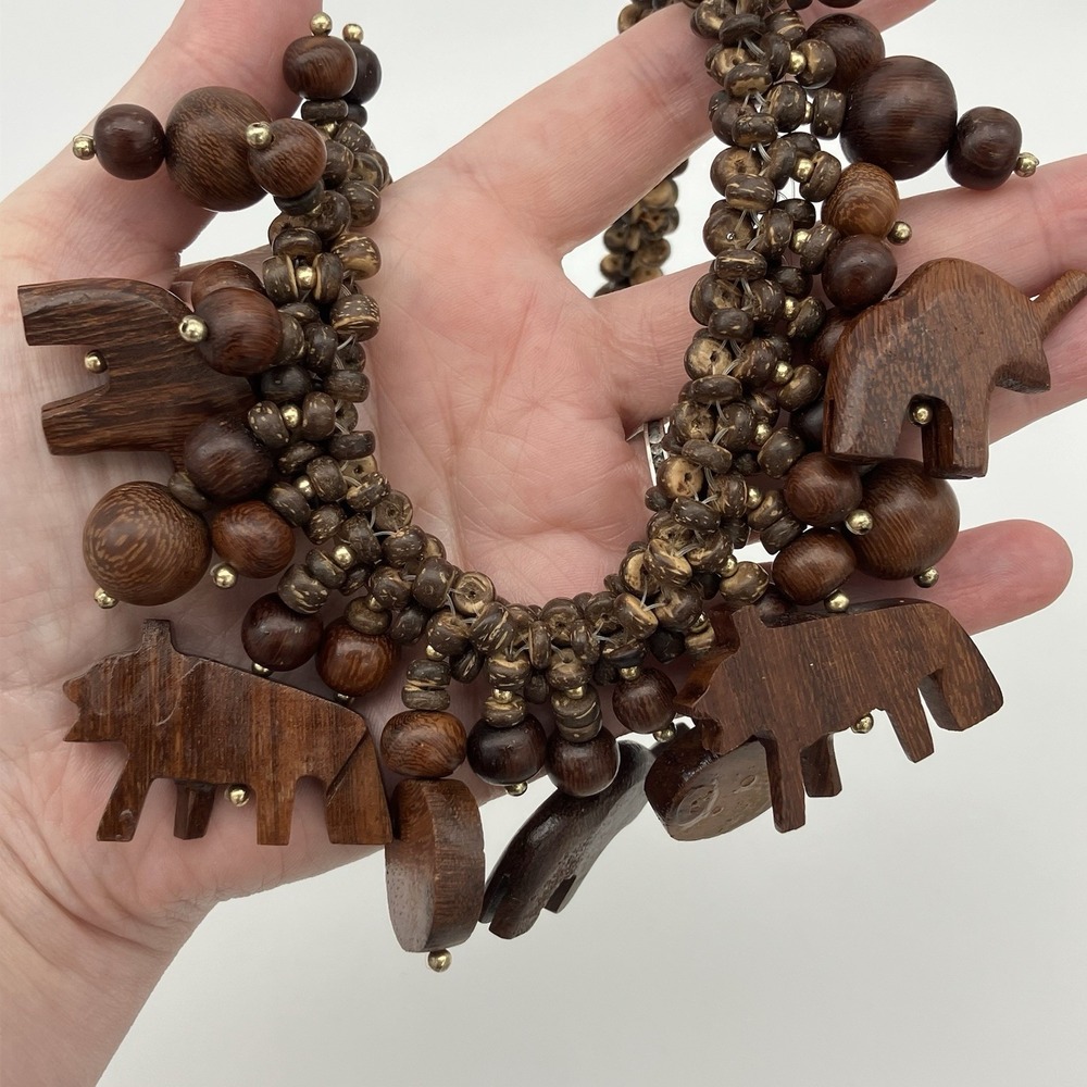 Vtg Safari Animals Carved Wood Chunky Cluster Statement Necklace Ethnic Boho Art